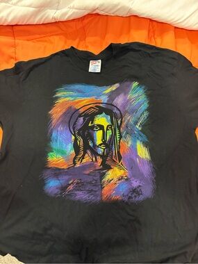 Hanes Black Tee with Multicolor Brushstroke Graphic